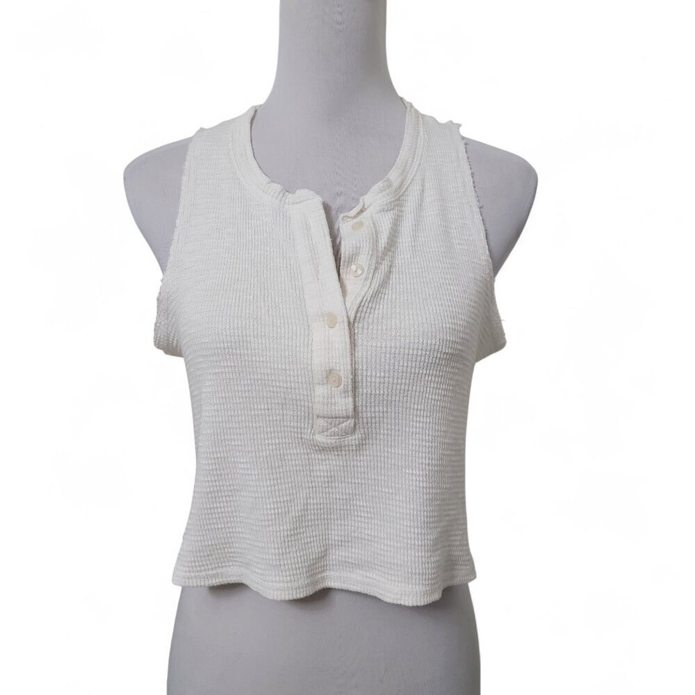 Aerie Sunspun Size S Off-White Cropped Waffle Knit Sleeveless Henley Style Top - Picture 2 of 11